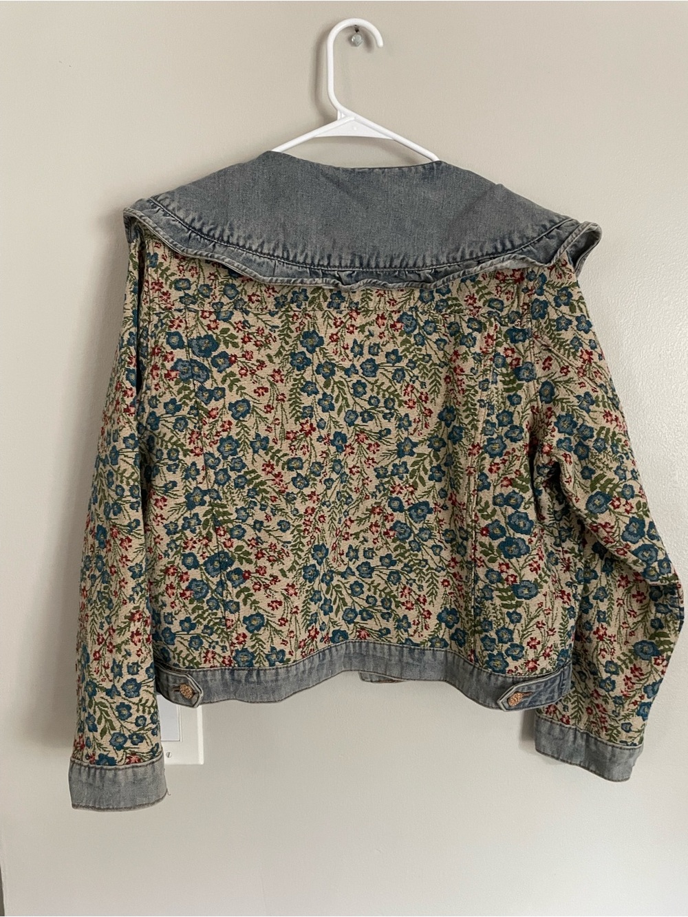Floral Jacquard Denim Jacket with Peter Pan collar Cottagecore Sz L XL - Picture 2 of 8